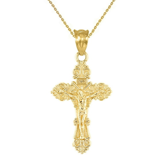 10k Yellow Gold Crucifix Jesus Cross Floral Pendant