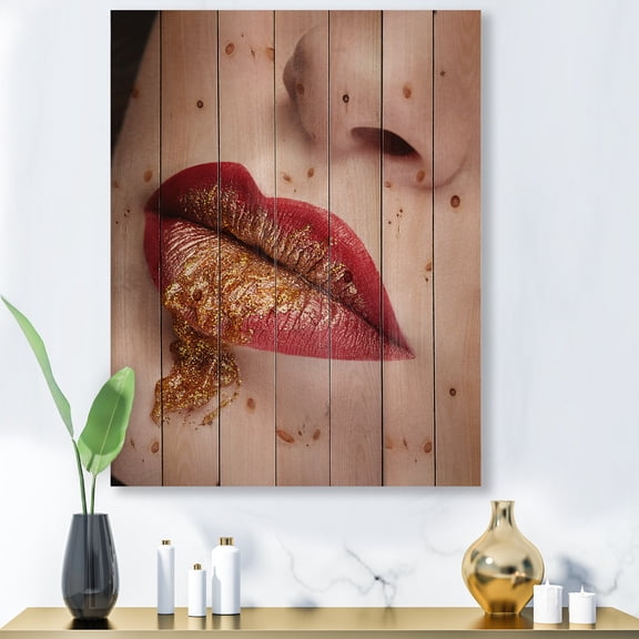 Designart 'Close Up Lips With Gold and Red Make Up' Modern Print on Natural Pine Wood