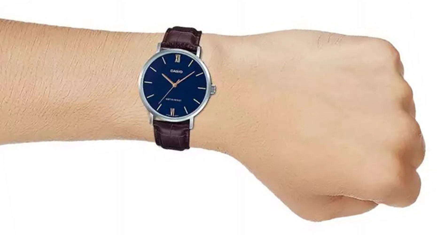 Casio Men’s Brown Leather Watch with Blue Dial – MTP-VT01L-2BUDF