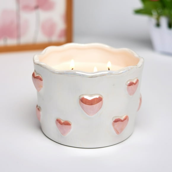 12oz Ceramic Pink Heart Candle, 3-Wick
