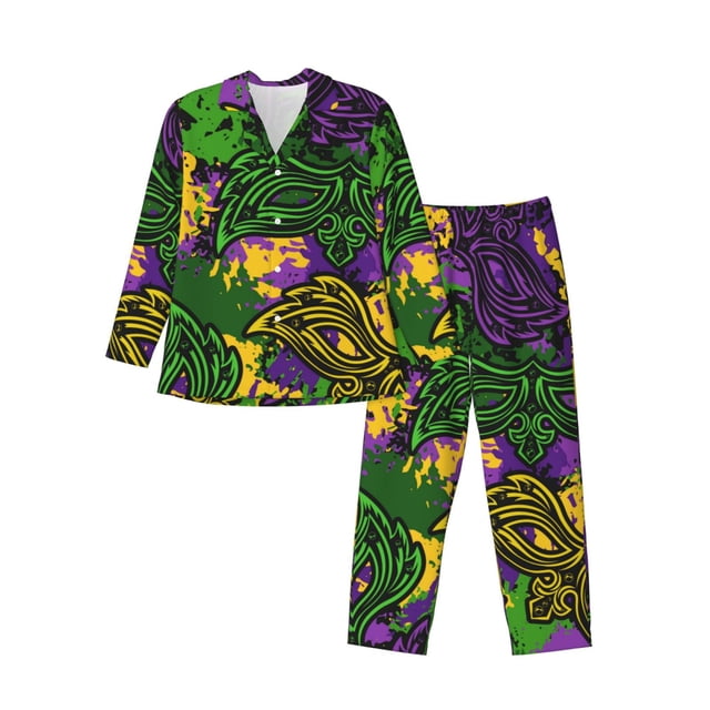 Balery Mardi Gras7 Pijama para Hombre de Dos Piezas con Manga Larga, Conjunto de Dormir y Descanso Suave con Bolsillos-Large