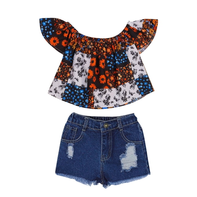 WEIYLL Outfits for Girls Summer Print Shorts Female Top Ripped Denim Shorts 2 Pcs Kids Outfit Suits 4-5 Years