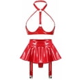 thumbnail image 3 of Conjunto de lencería erótica sexy de charol con efecto mojado y sujetador de copa abierta para mujer, falda acampanada con liguero y tangas incorporadas, 3 of 5
