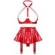 thumbnail image 3 of Conjunto de lencería erótica sexy de charol con efecto mojado y sujetador de copa abierta para mujer, falda acampanada con liguero y tangas incorporadas, 3 of 5