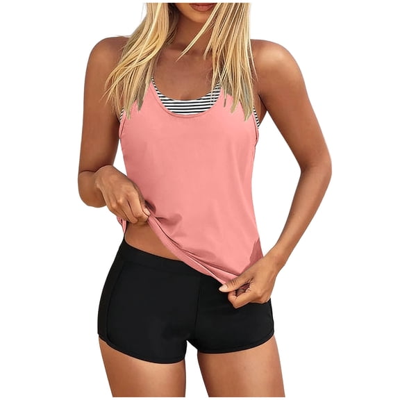 Fmbrln 3 Piece Tankini Swimsuits for Women with Boyshorts and Bra Modest Bathing Suits Fashion Stripe Print Swimwear Sets