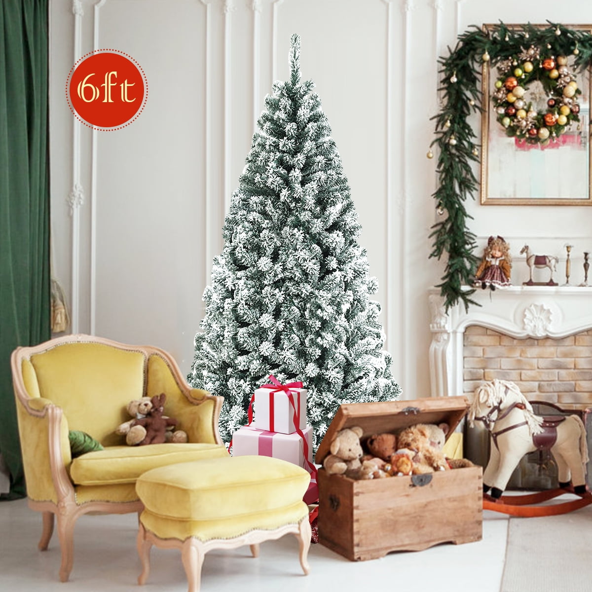 Gymax Green Unlit Snow Flocked Hinged Full Artificial Holiday Décor Christmas Tree, 6'