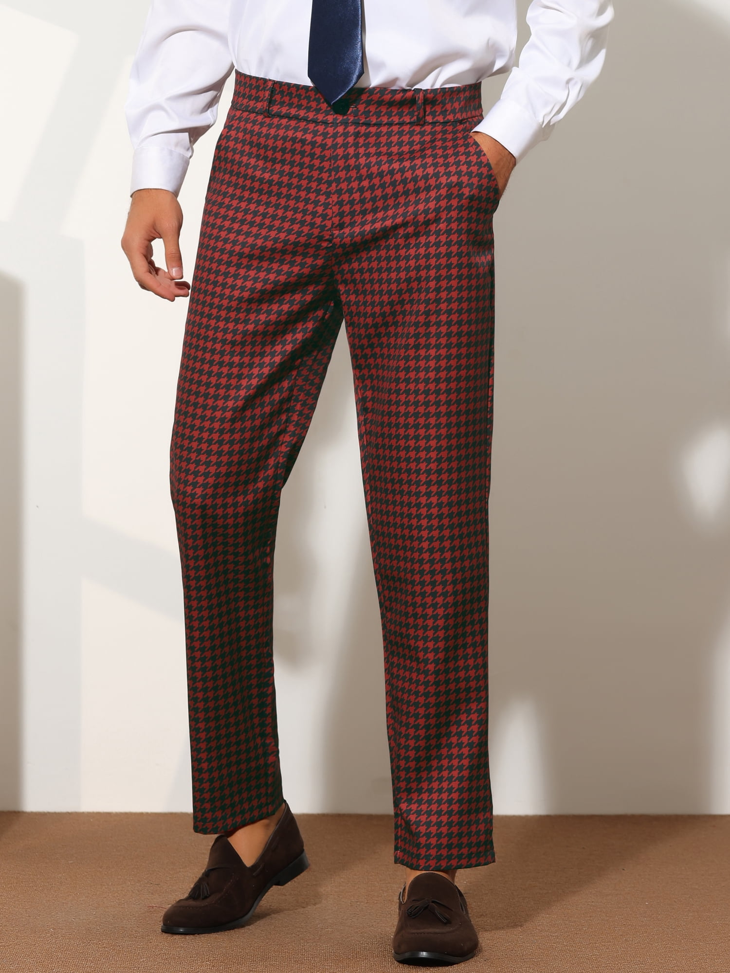 Unique Bargains Men's Houndstooth Pattern Pants Slim Fit Business Plaid Dress Trousers 32 Red Black