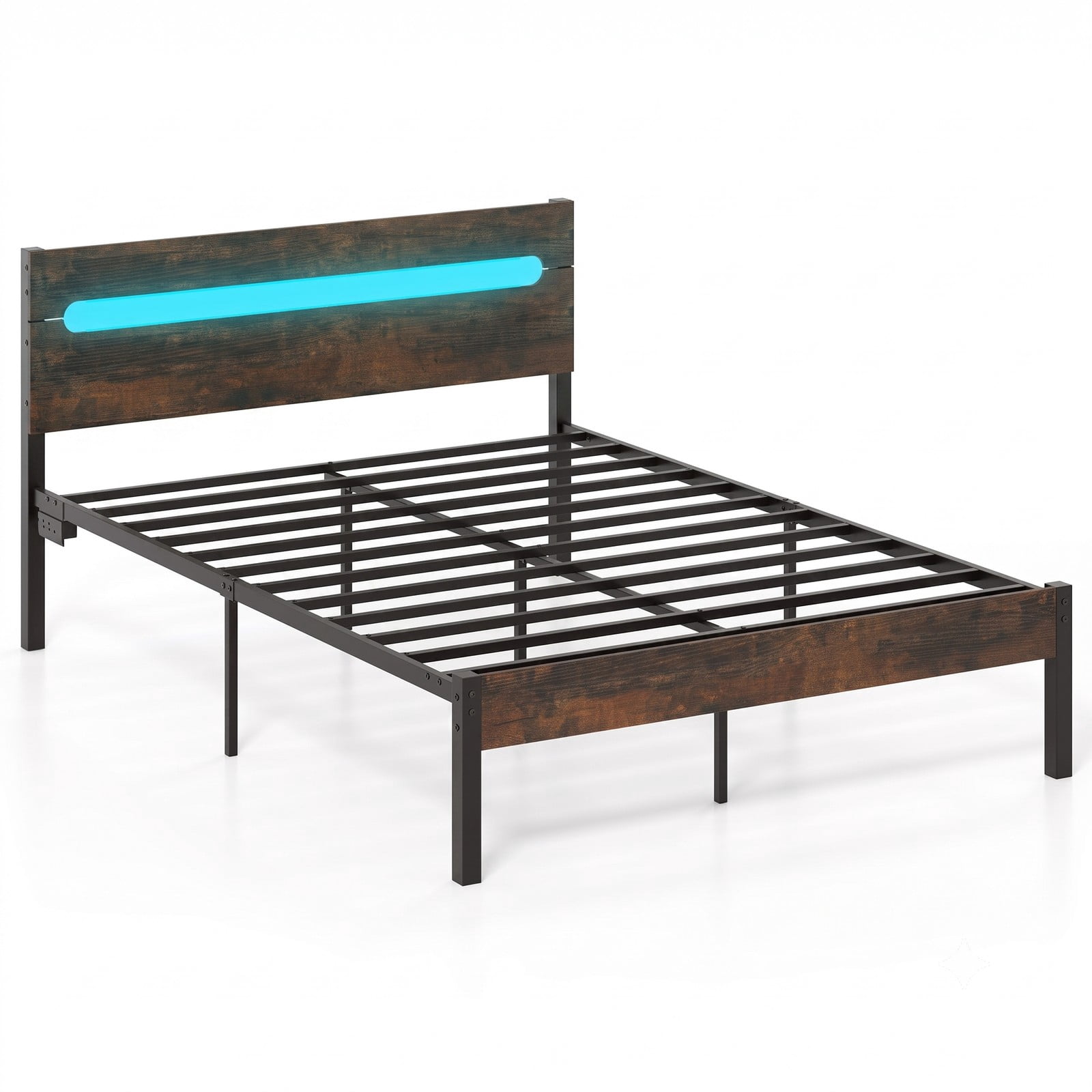 Furnibear Full Size Bed Frame Metal Platform Bed Frame with LED Lights Wood-Grain Headboard and USB Charging Station, Rustic Brown