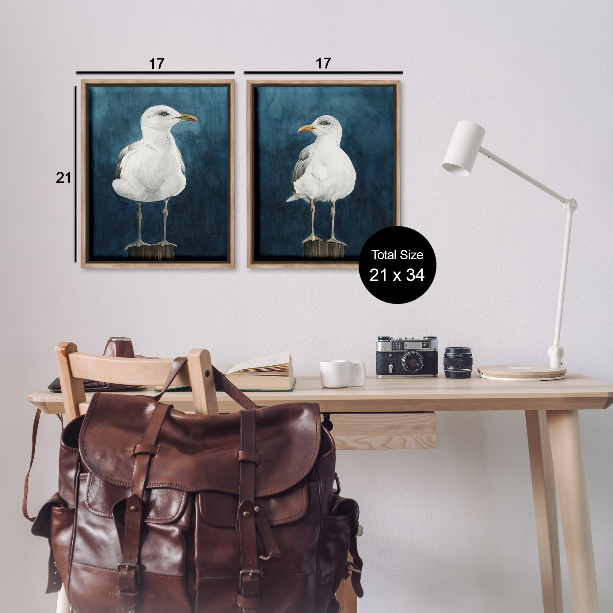 Stupell Industries Seagull Standing on Log Animals Painting Brown Floater Framed Canvas Art Print Wall Art, 17 x 21, Set of 2