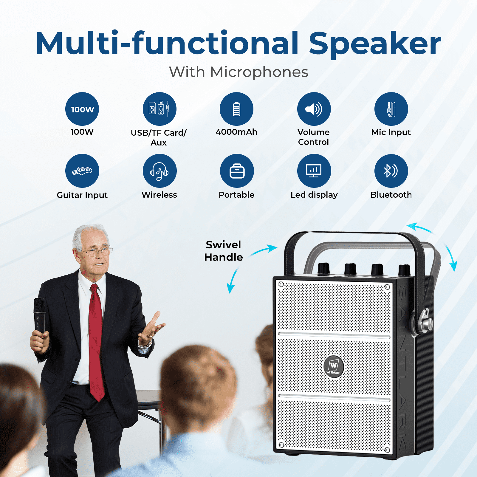 HW HAOWORKS Portable PA System & Karaoke Machine with 2 Wireless Mics, 100W Powerful Pro Sound Bluetooth Party Speaker, Support USB/TF/AUX/Guitar for Outdoor/Home Events - S99