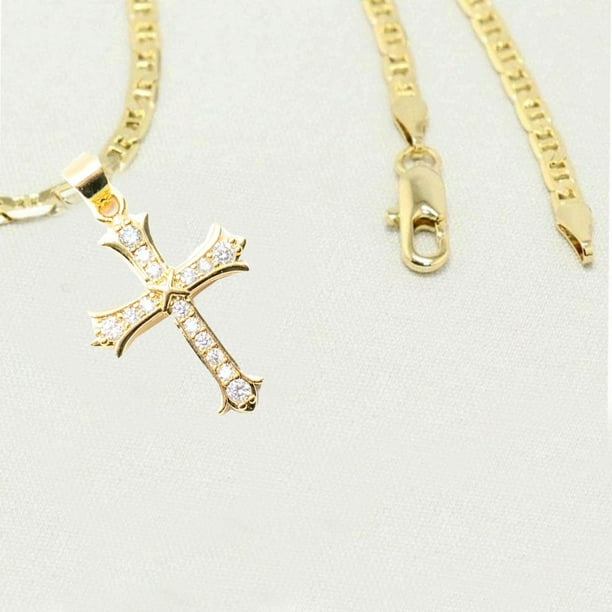 14k Bonded Gold Mariner Chain with Cross Charm Pendent & Gift Bag by Aria Jeweler