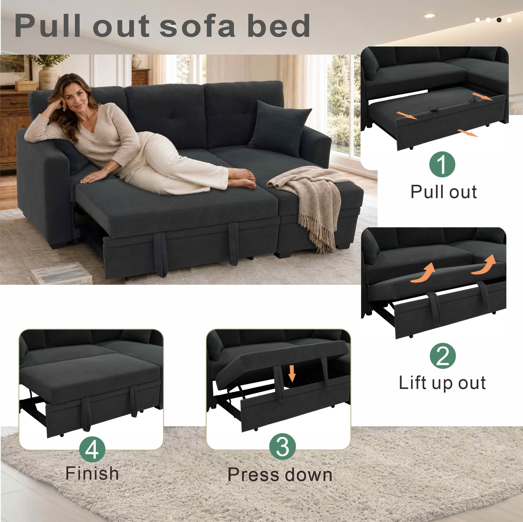 MAYEERTY L‑Shaped Sleeper Sectional Sofa, Convertible Pull‑Out Bed with Reversible Storage Chaise, Dark Gray Breathable Polyester Fabric for Small Living Spaces