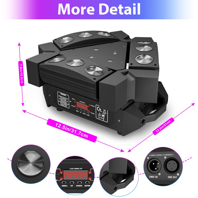 Spider Moving Head Lights, Mini DJ Laser Lights, 9 LED RGB Head