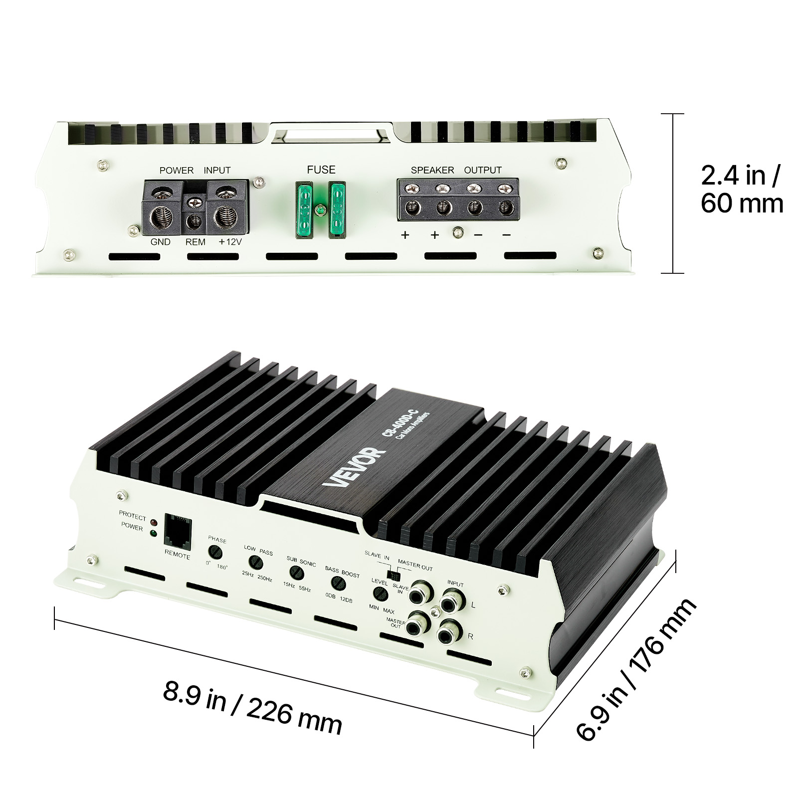 VEVOR Monoblock Car Amplifier, 400W RMS MAX, 1/2/4 Ohm Stable, 1-Channel Class D Car Audio Amplifier with Remote Subwoofer Level Control, Low Pass Filter, Bass Boost & Phase Shift, Volume Controller