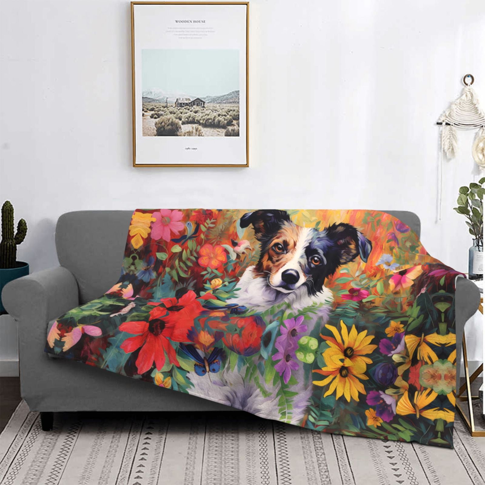 Throw Blanket for Couch - Colorful Flower Dog Soft Comfy Lightweight Cozy Warm Throw Blanket, Fuzzy Plush Flannel Blanket & Throws for Sofa and Bed All Season