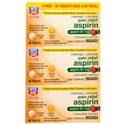Rite Aid Low Dose 81 mg Aspirin, Chewable Tablets, Orange Flavor, 3 Bottles, 36 Count Each (108 Count Total) Pain Reliever | Chewable Aspirin Regimen | Headache Relief Pills | Aspirin 81mg for Adults