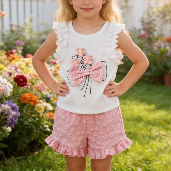 Ulitacool Clothing For Girls Sleeveless Summer Floral Print Top And Shorts Two Piece Playwear For Toddler And Kids Trend Crewneck Outfits 2-3 Years Pink