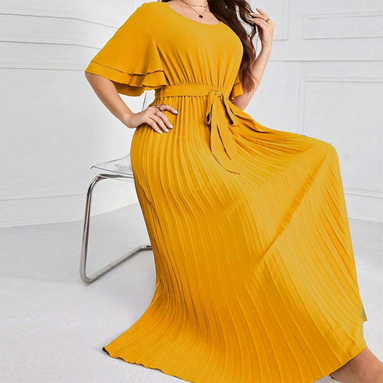 hotojiny Women Linen Short Sleeve Maxi Dress Plus Size Crew Neck Belted  Pleated Long Dress High Waisted Flowy Dress - Walmart.com