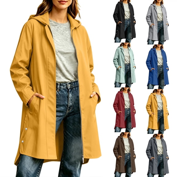 FRSASU Women's Long Hooded Trench Coat Lightweight Windproof Water Resistant Side Split Jacket Outdoor Travel Casual Outerwear Yellow
