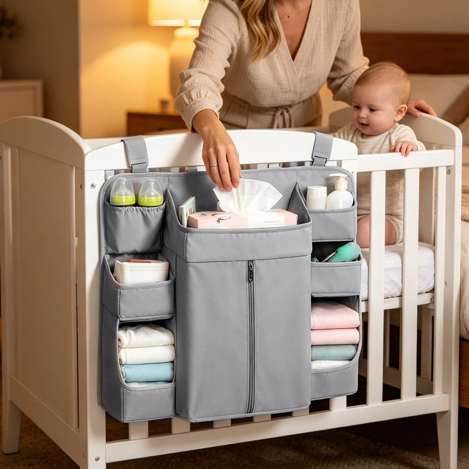 Crib Hanging Storage Bag, Large Capacity Layered Pockets, Waterproof Oxford Fabric, Drill Free Installation, Washable Nursery Organizer for Diaper Storage, Baby Essentials and Bedroom Tidying