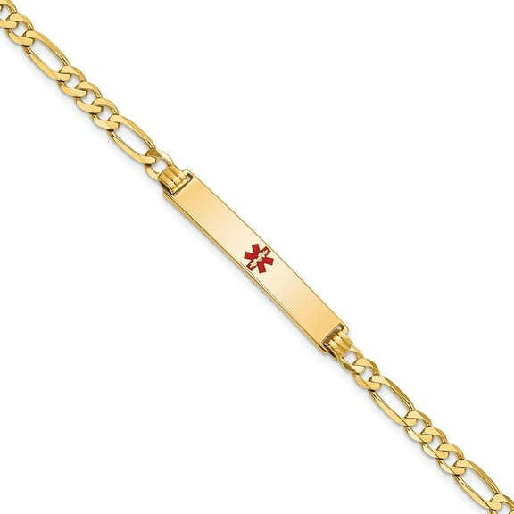 Auriga 14K Yellow Gold Red Enamel Flat Figaro Link Id Bracelet 7 inch for Women(L- 7inch, W- 6.5mm)