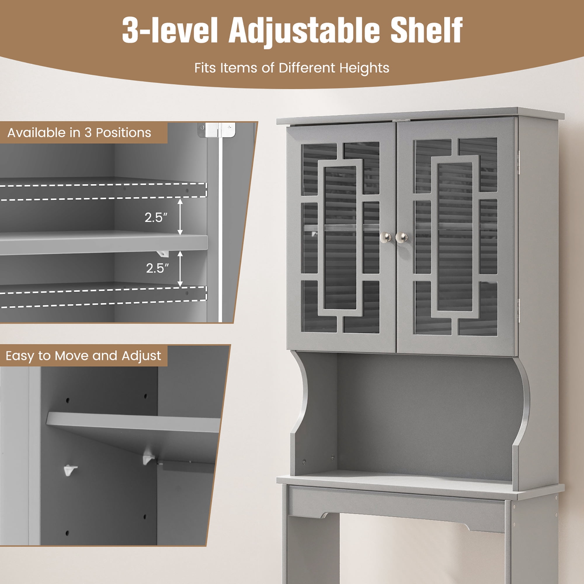 Gymax Grey Bathroom Over The Toilet Space Saver Storage Cabinet Organizer Shelf
