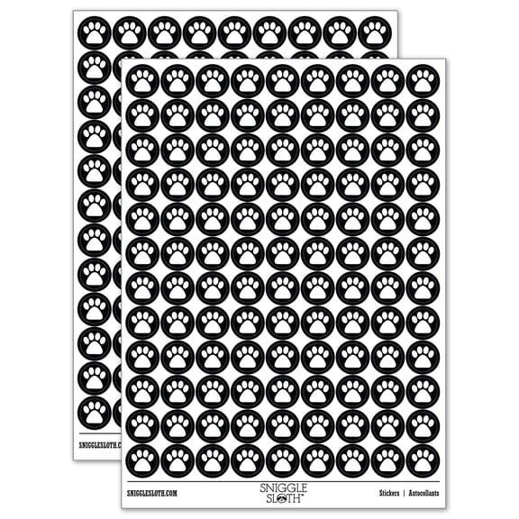 Paw Print Solid 200  Round Stickers - Black - Gloss Finish - 0.50" Size