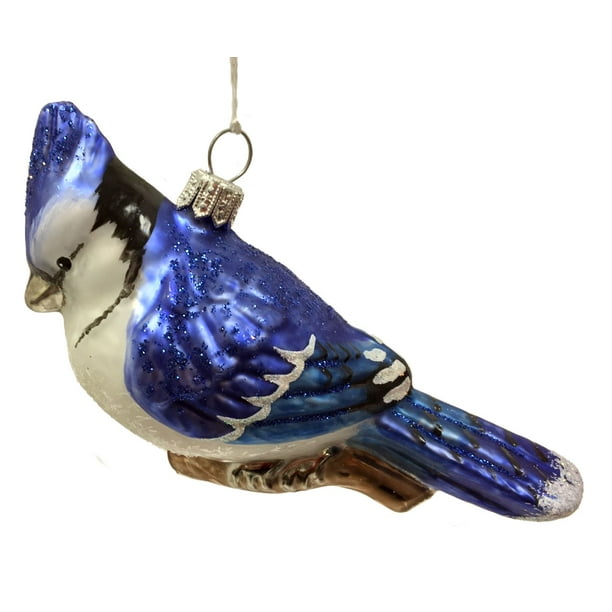 Blue Jay Sitting on Branch Polish Glass Christmas Tree Ornament