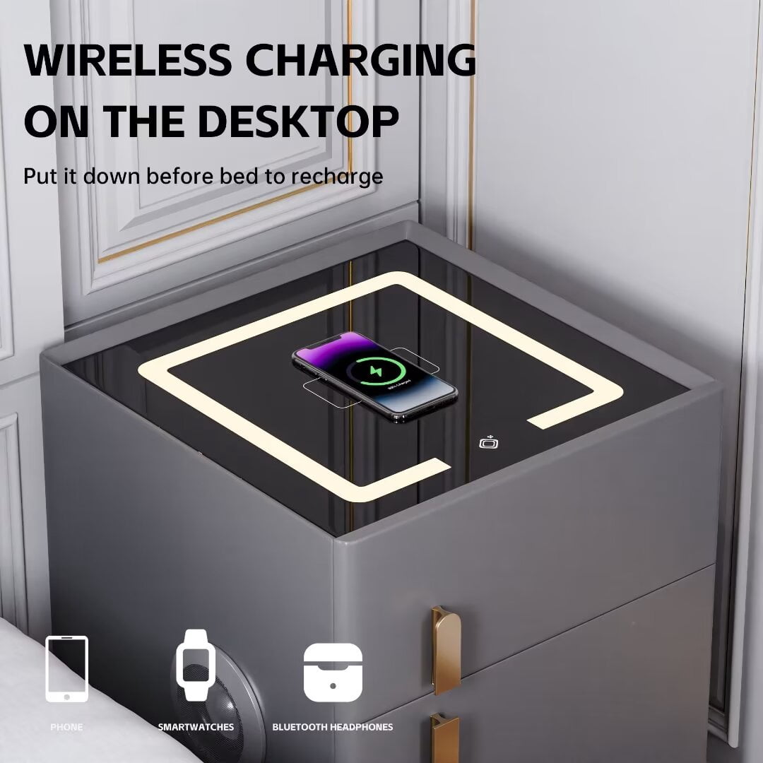 FINE MAKER Smart Nightstand Two Drawer Bedroom Nightstand with Wireless Charging Three Color LED Lighted Nightstand with USB Charging with Hidden Safe