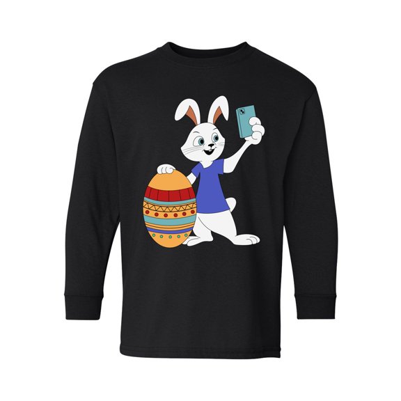 Awkward Styles Easter Youth Long Sleeve T-shirt Premium 100% Cotton Tee Funny Bunny Takes Photo Easter Selfie Kids T Shirt S M L XL Easter Gifts Happy Easter Holiday Christian Tee for Boys for Girls