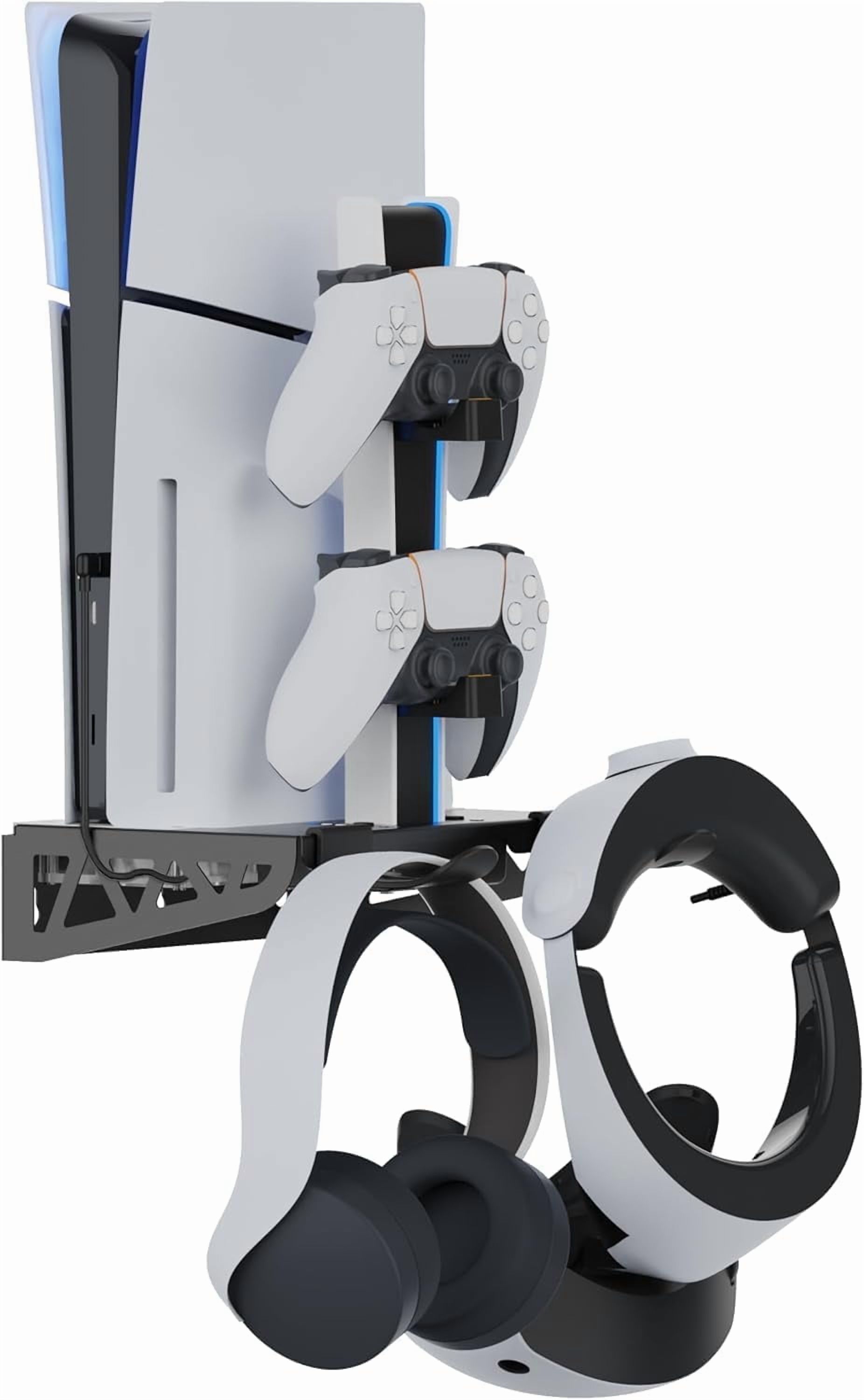 Soporte de pared para PS5/PS5 Slim/PS5 Pro, kit de accesorios con ventilador de enfriamiento y estación de carga, soporte flotante para consolas con disco y digital, montaje detrás del TV 4