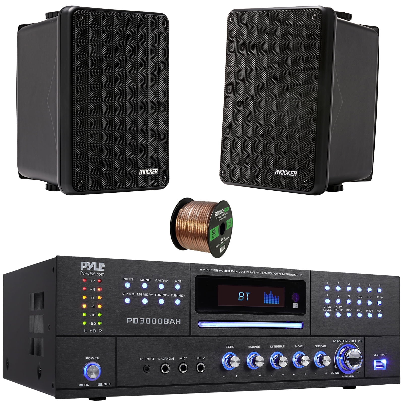 Pyle PD3000BAH 4-Channel 4000W Bluetooth Home Audio Amplifier Receiver – HDMI, USB, FM Radio, CD/DVD Player 2 Microphone, 2x 6.5" 150W Max Power 2-Way Full-Range Indoor/Outdoor Black Speakers W/Wire