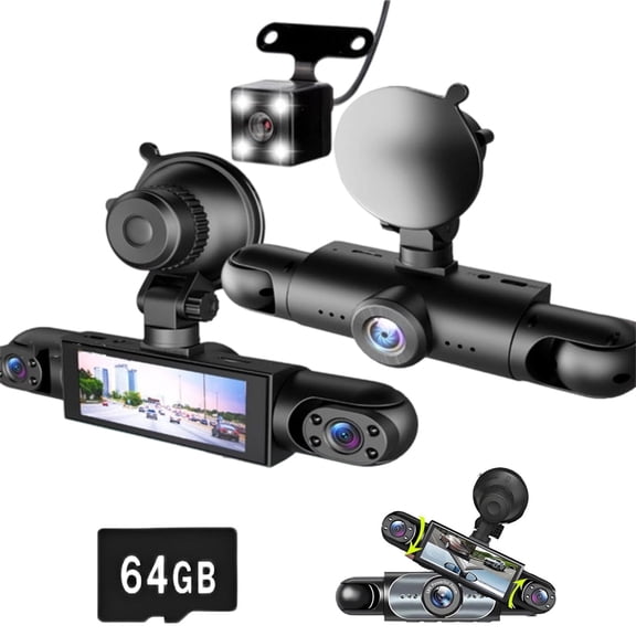 Full View Car Dashcam System, 360° 4-Channel Full-View Car Dashcam System with Infrared Night Vision, G-Sensor, Loop Recording, Plug-in Power, and 64GB SD Card