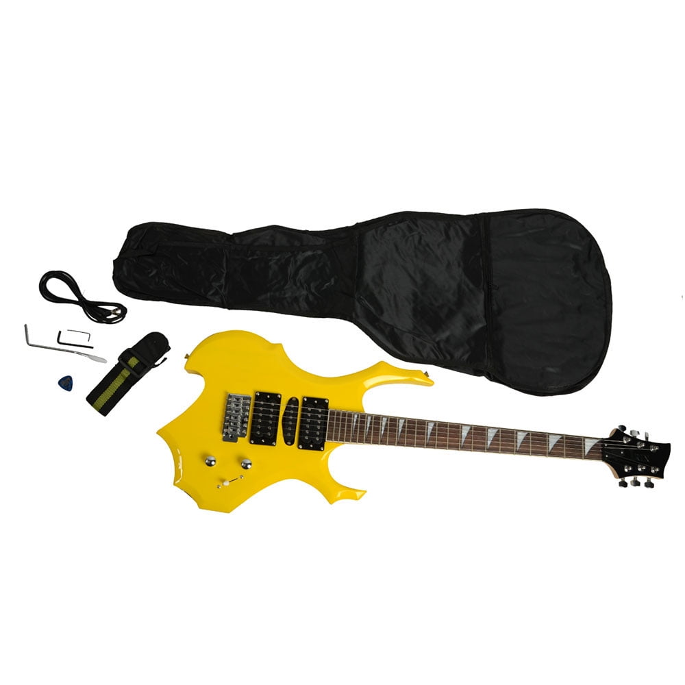 Waful Novice Flame Shaped Electric Guitar HSH Pickup Bag Strap Paddle Rocker Cable Wrench Tool Yellow