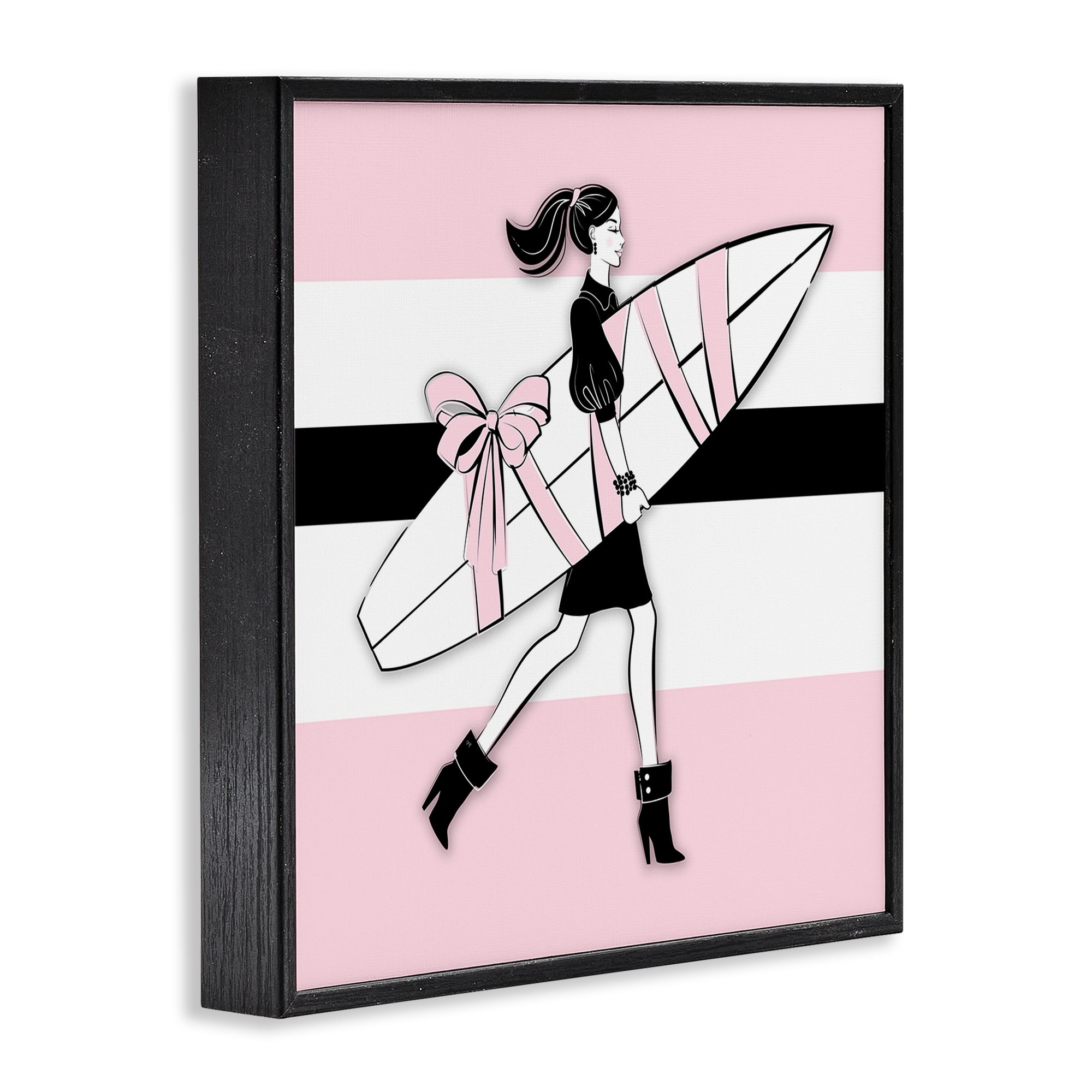 Stupell Industries Glam Girl With Surfboard Novelty Painting Black Framed Art Print Wall Art, 24 x 24