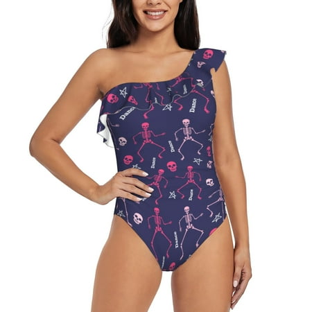 Sikiie Dance Skull Star Print Women One Piece Swimsuits Tummy Control One Shoulder Bathing Suits Ruffle Swimwear  From S to XXL-XX-Large