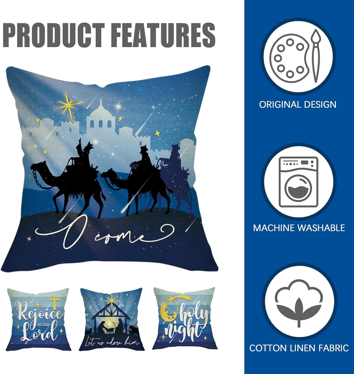 Christmas O Holy Night Decorative Throw Pillow Covers 18x18 Set of 4, Religious Xmas Jesus Nativity Navy Blue Outdoor Pillowcase, Rejoice in The Lord Winter Holiday Cushion Case Home Decor