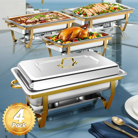 PRIJESSE 9 QT Chafing Dishes for Buffet [Gold Colors] Stainless Steel Buffet Warmers Set 4 Pack Rolled-Edge Design Chafing Dishes for Buffet for Wedding 1/1 size pan