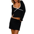 thumbnail image 2 of Women 2 Piece Outfits Bandage Backless Long Sleeves Shirt and Elastic Mini Skirt Set for Streetwear Aesthetic Clothes, 2 of 10