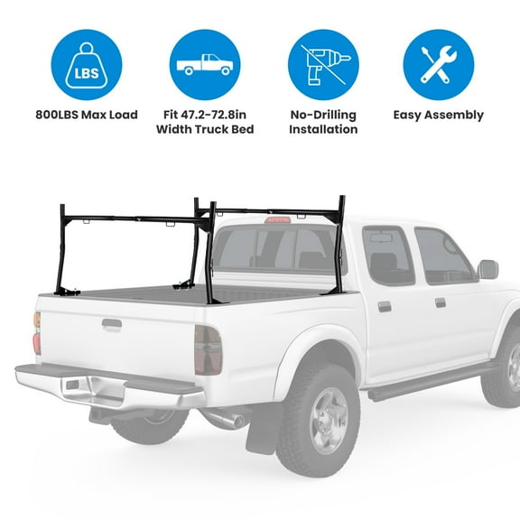 TeqHome Extendable Steel Truck Ladder Rack 47.2-72.8 inch 800 lbs Capacity Non-Drilling Truck Rack for Kayak Surfboard Lumber Ladder