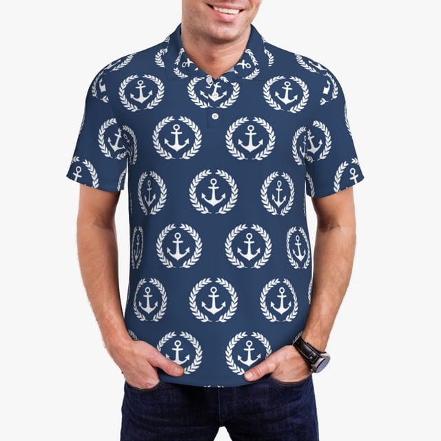 Fotbe Navy Nautical Pattern Men’s Golf Polo Shirt – Breathable Performance Golf Shirt with Button-Down Collar-4X-Large