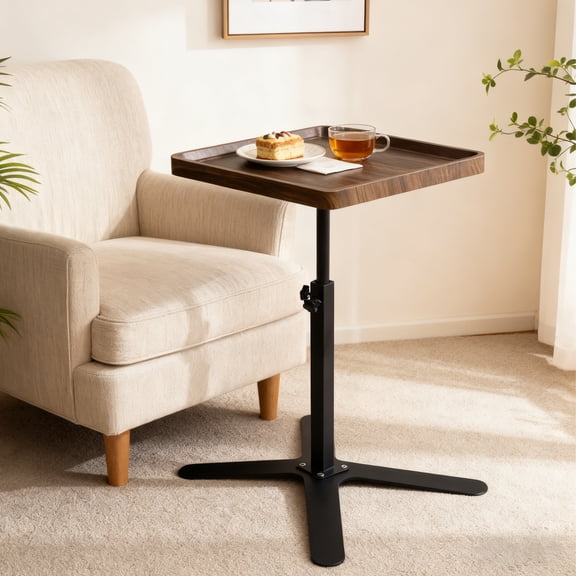 LUOLUO C Shaped End Table,Adjustable Height ,360° Swivel Couch Tables with Wheel for Livingroom, Bedroom, Bathroom,Walnut