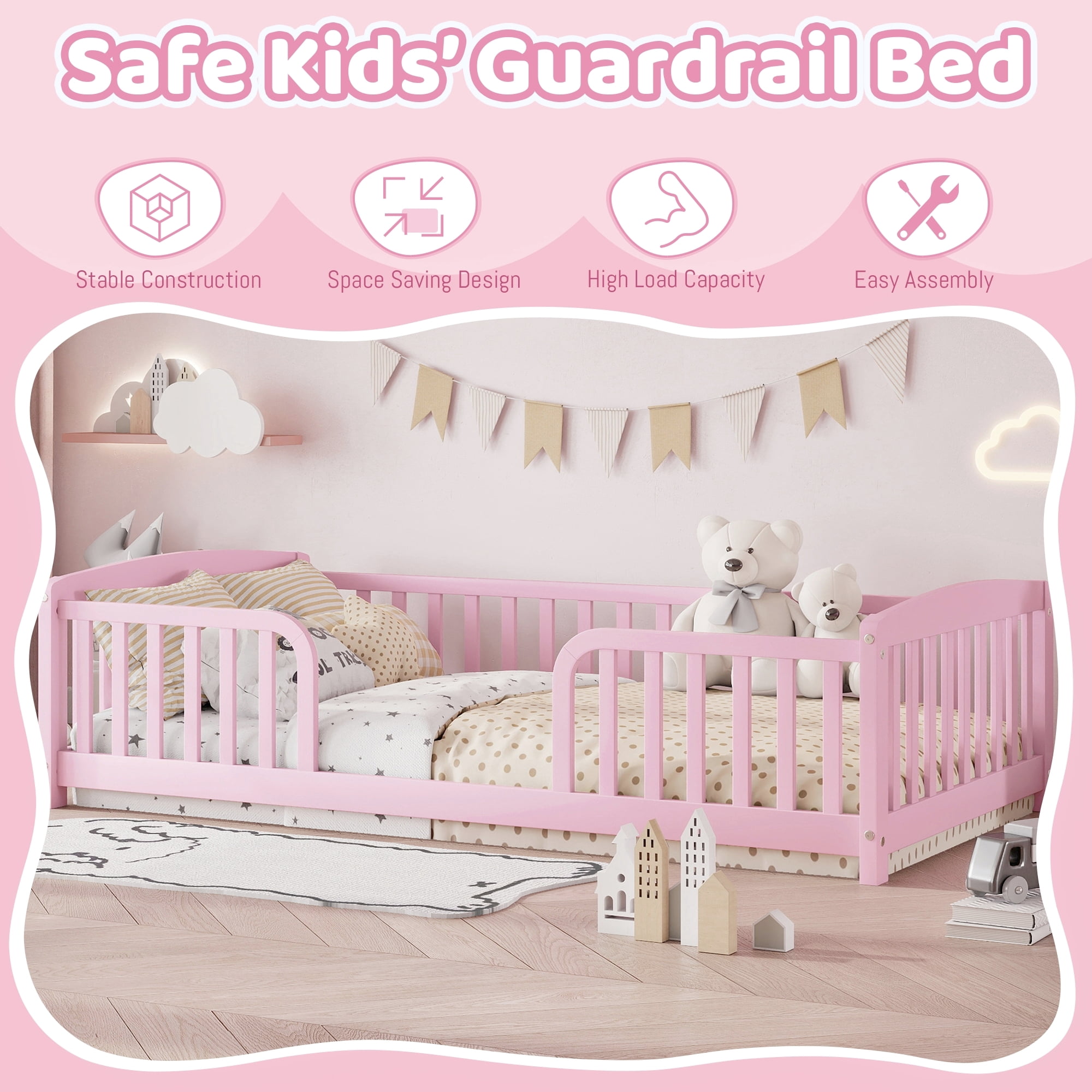 Mintazer Twin Size Toddler Floor Bed with Guardrails & Central Entrance, Pink