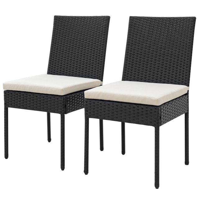 Gymax PE Wicker Patio Chairs Set of 2 Outdoor Dining Chairs w/ Cushions Off White
