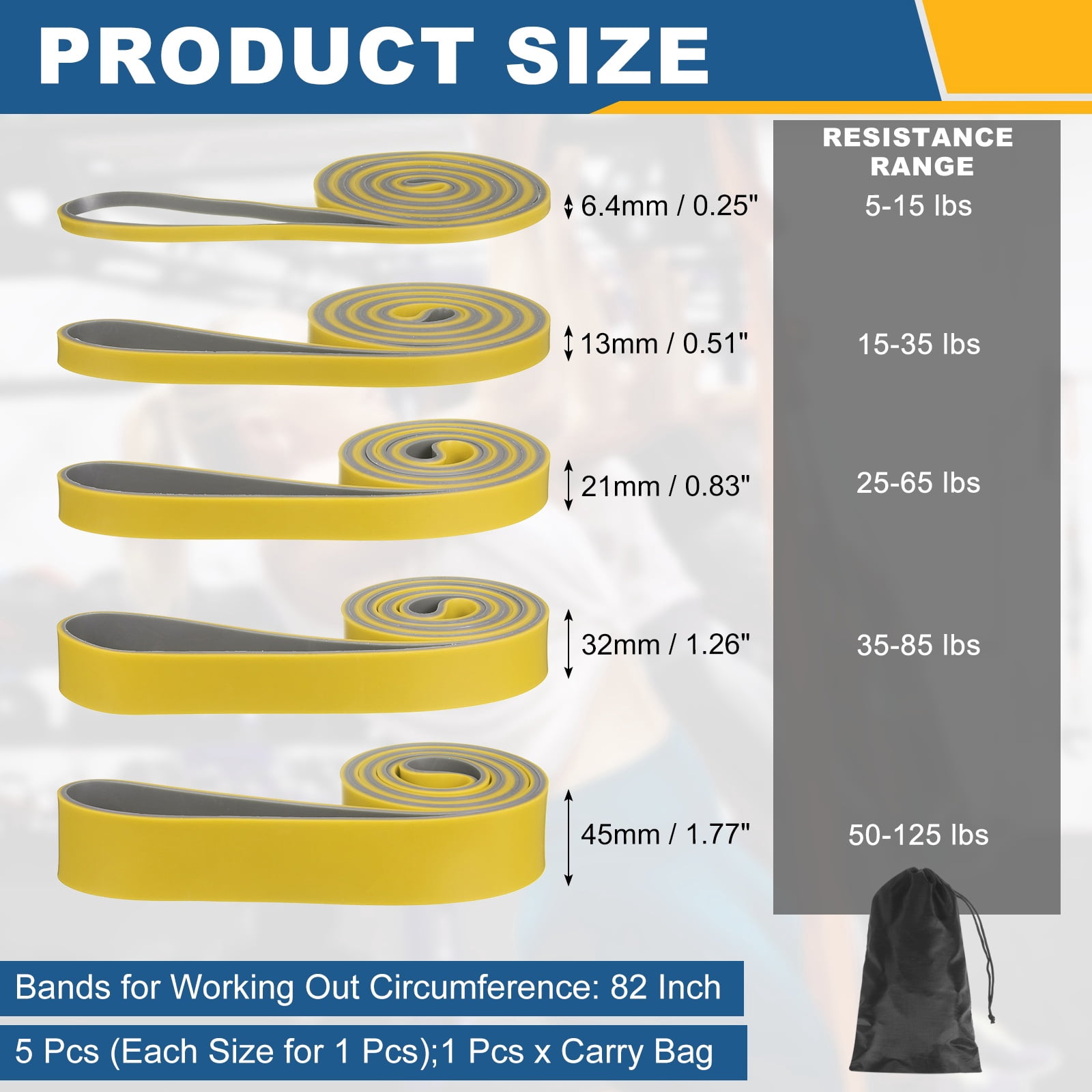 Uxcell Resistance Bands for Working Out, 5 Levels Pull Up Assistance Bands with Carry Bag 5 Pcs & Yellow/Gray -Fitting for (Home/Gym)