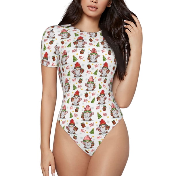 Balery Merry Christmas Santa Body de cuello redondo de manga corta para mujer Tops de manga corta Tops básicos-Small