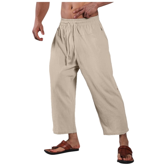 Zszcpp High Waisted Pants Men'S Long Brief Style Lace Up Solid Color Breathable Large Pocket Cropped Daily Trousers Casual Trouser Linen
