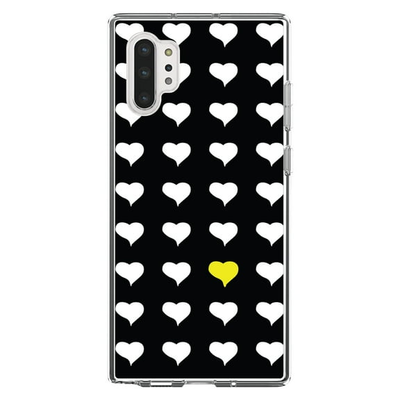 DistinctInk Clear Shockproof Hybrid Case for Galaxy Note 10 PLUS (6.8" Screen) - TPU Bumper, Acrylic Back, Tempered Glass Screen Protector - Yellow White Black Repeating Hearts