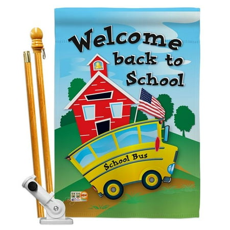 UPC: 0797277964196 | Breeze Decor BD-SE-HS-115090-IP-BO-D-US14-BD 28 x 40 in. Vertical School Bus Special Occasion & Education Impressions Decorative Double Sided House Flag Set with Pole & Bracket Hardware