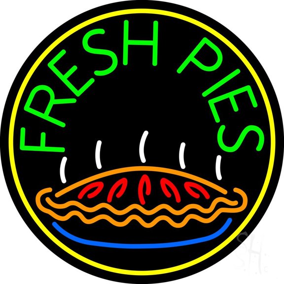 Fresh Pies Circle LED Neon Sign 26 x 26 - inches, Black Square Cut Acrylic Backing, with Dimmer - Bright and Premium built indoor LED Neon Sign for restaurant window and interior decor.